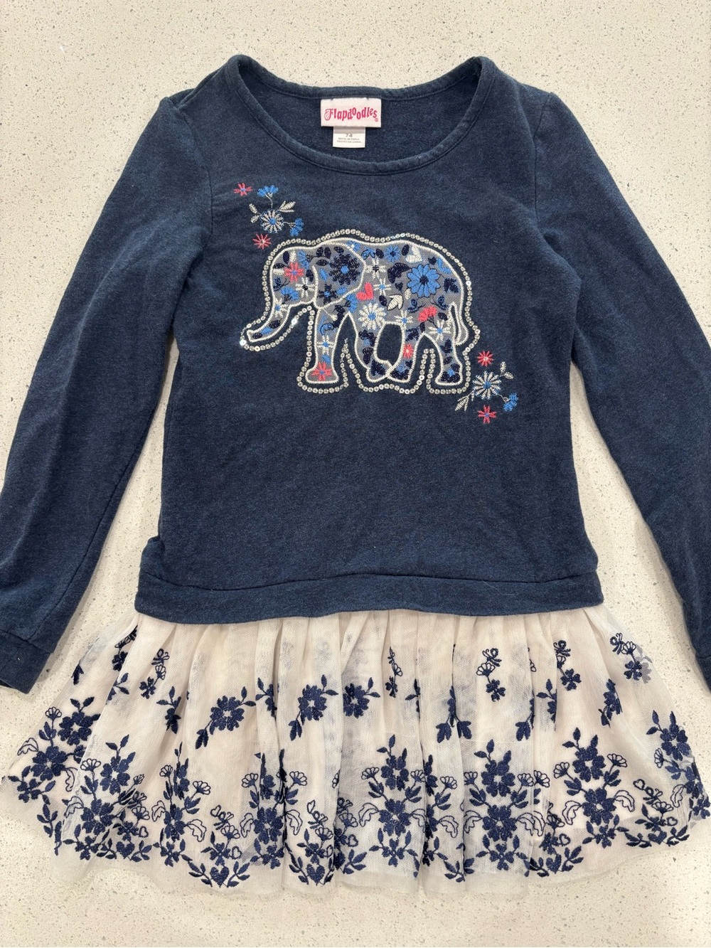 Flapdoodles Navy Elephant & Floral Tulle Hem Kidcore Dress Size 7-8